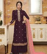 Wine Crep Silk Embroider Stone Palazzo Semi Suit For Festival