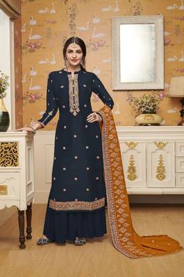 Dark Green Crep Silk Embroider Stone Palazzo Semi Suit For Festival 1