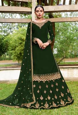 Eid Mubarak Pakistani Green Georgette Embroider Work With Ghaghra Suit  1