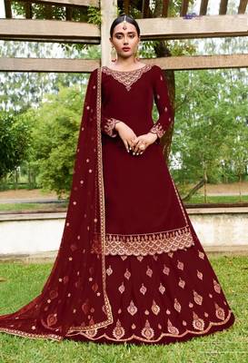 Eid Mubarak Pakistani Maroon Georgette Embroider Work With Ghaghra Suit  1