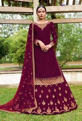 Eid Mubarak Pakistani Wine Georgette Embroider Work With Ghaghra Suit  1