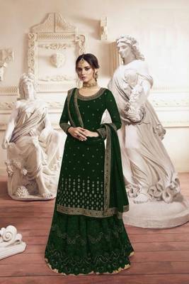 Green Georgette Embroidery Palazzo Style Semi Suit 1