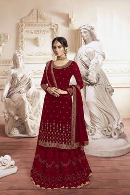 Maroon Georgette Embroidery Palazzo Style Semi Suit 1