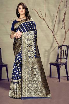 Navy Blue Woven Art Silk Saree With Blouse 5