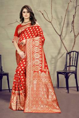 Red Woven Art Silk Saree With Blouse 4