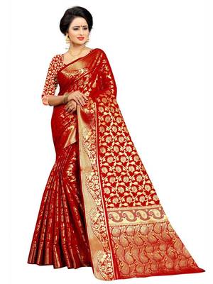 Red Woven Banarasi Silk Saree With Blouse Piece 1