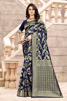 Navy Blue Woven Art Silk Saree With Blouse 2