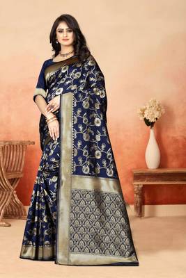 Navy Blue Woven Art Silk Saree With Blouse 2