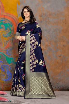 Navy Blue Woven Art Silk Saree With Blouse 2