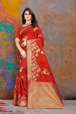 Red Woven Art Silk Saree With Blouse 3