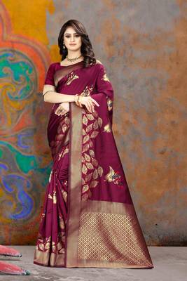 Wine Woven Art Silk Saree With Blouse 3