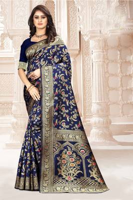 Navy Blue Woven Art Silk Saree With Blouse 4