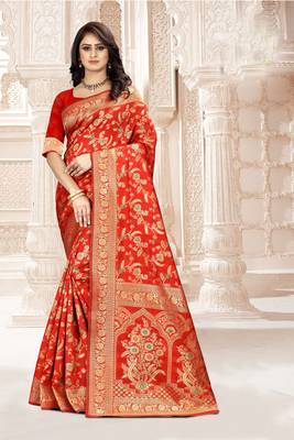 Red Woven Art Silk Saree With Blouse 2