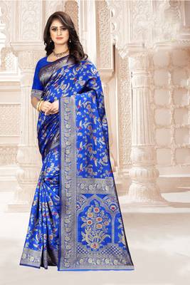 Royal Blue Woven Art Silk Saree With Blouse 4