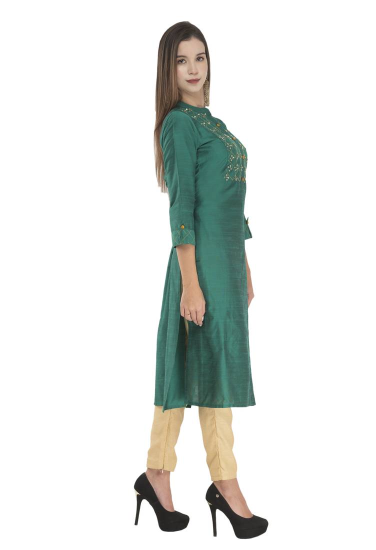 Womens Embroidered Straight Polly Silk Kurta