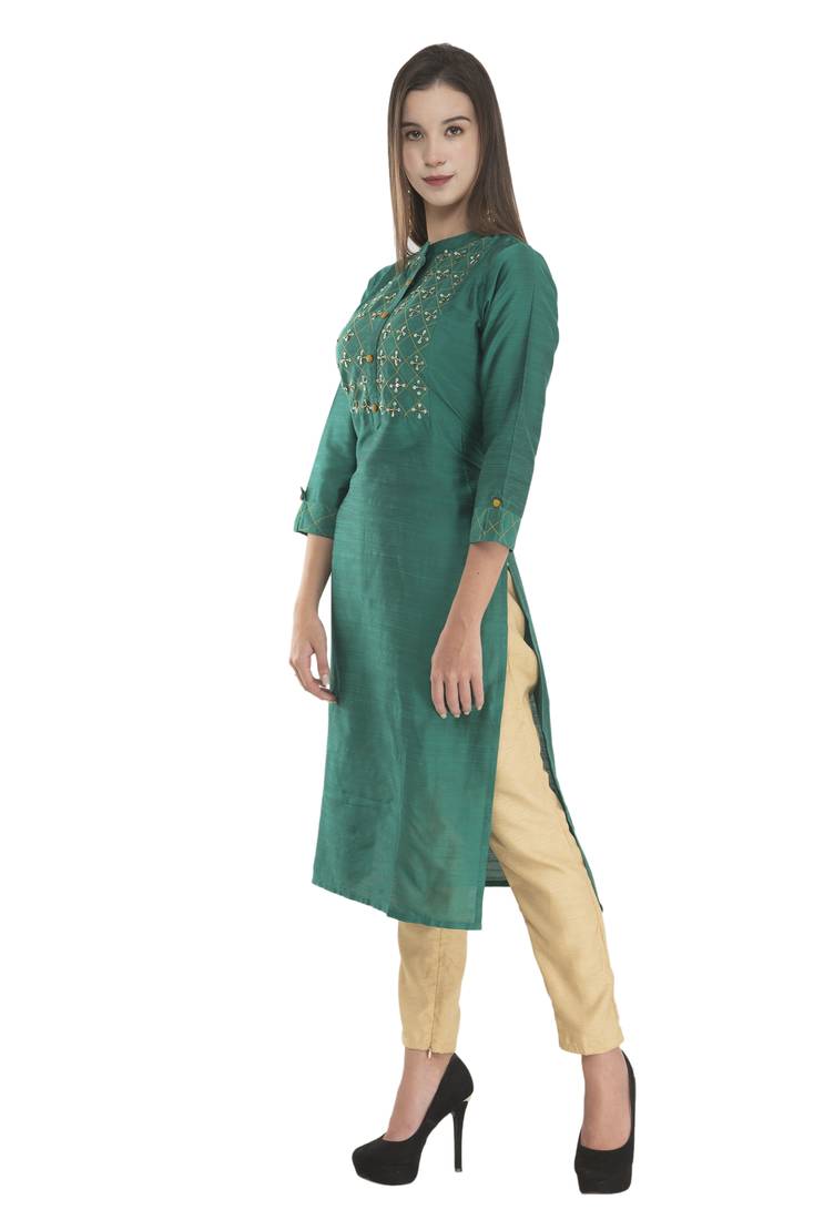 Womens Embroidered Straight Polly Silk Kurta
