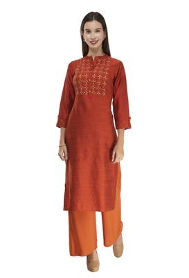 Womens Embroidered Straight Polly Silk Kurta 1