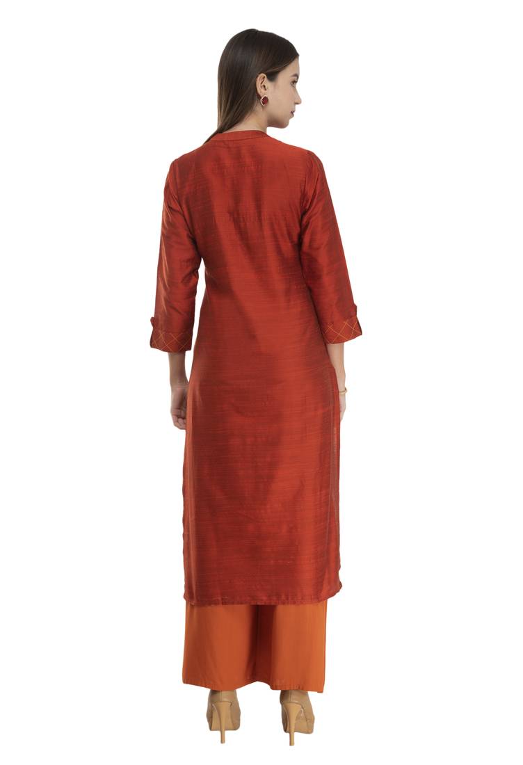 Womens Embroidered Straight Polly Silk Kurta