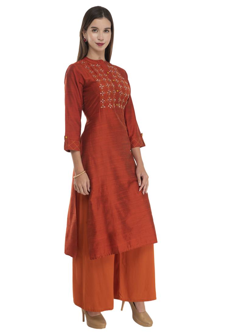 Womens Embroidered Straight Polly Silk Kurta