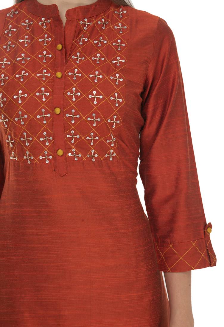 Womens Embroidered Straight Polly Silk Kurta
