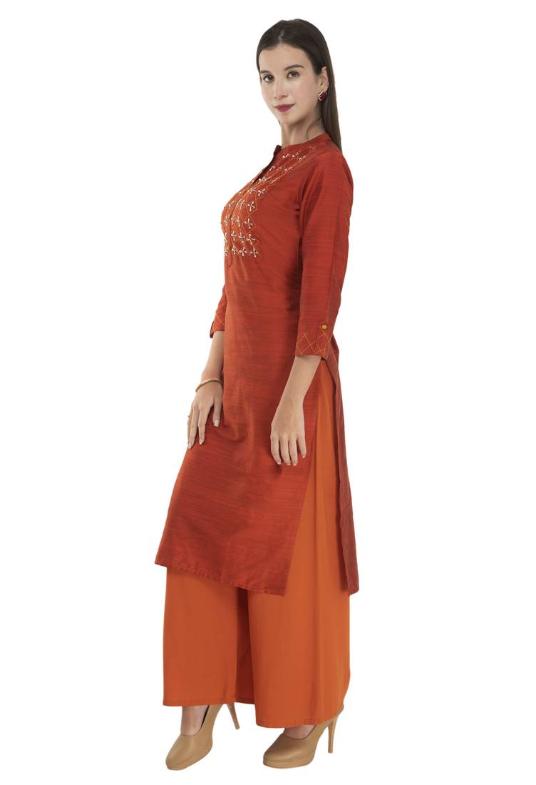 Womens Embroidered Straight Polly Silk Kurta