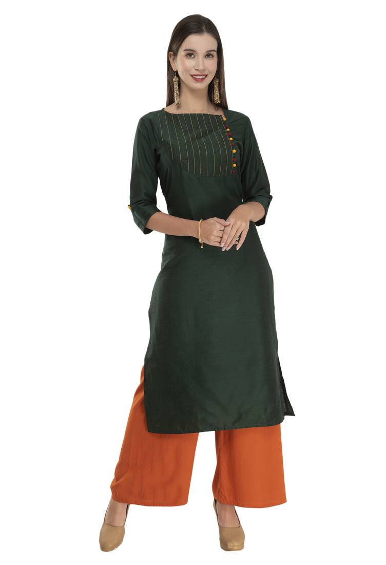 Womens Embroidered Straight Polly Silk Kurta