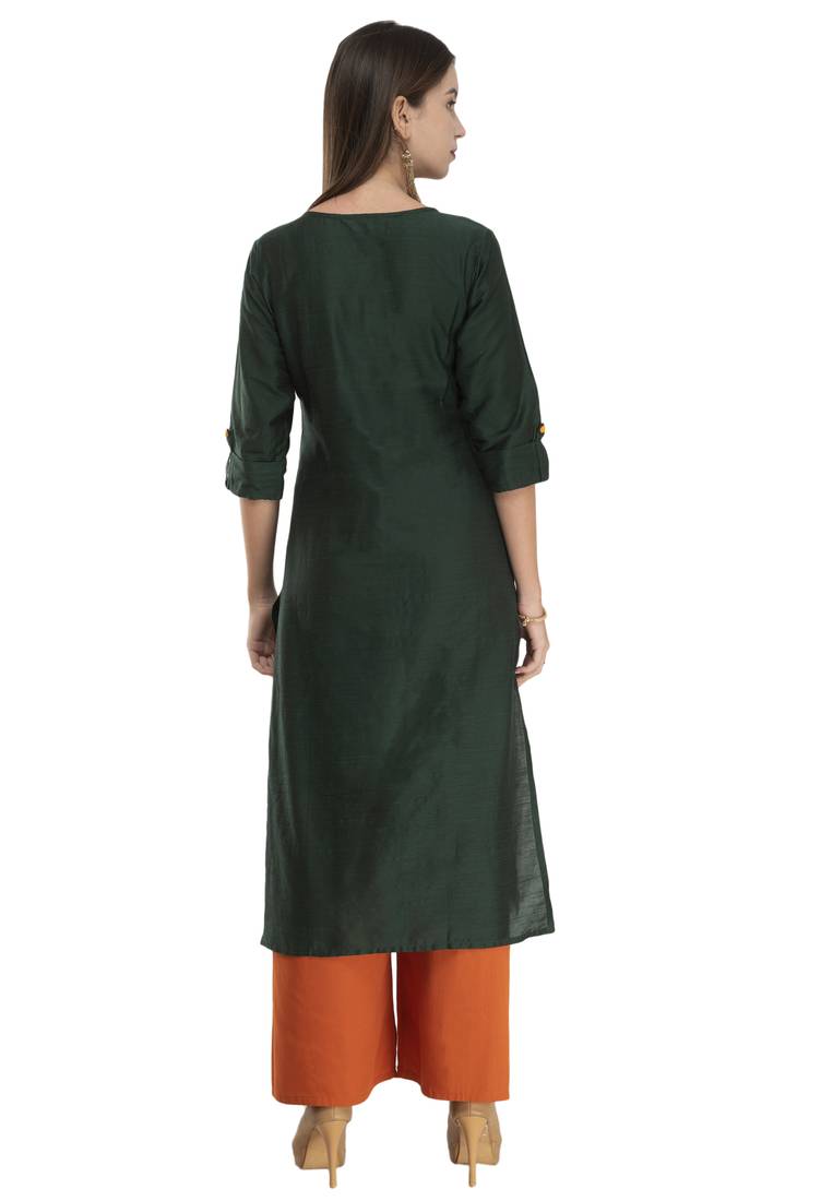 Womens Embroidered Straight Polly Silk Kurta