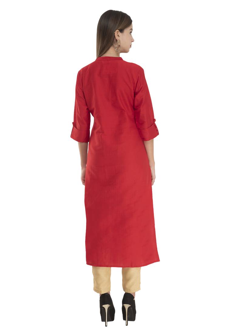 Womens Embroidered Straight Polly Silk Kurta