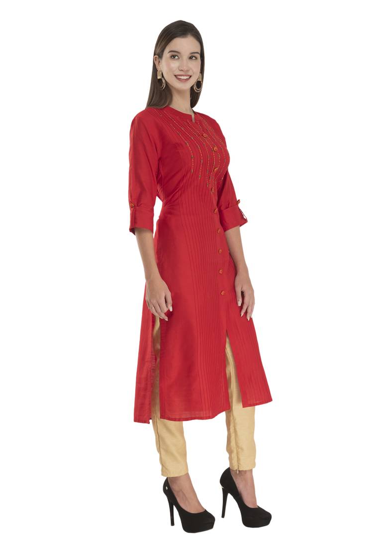 Womens Embroidered Straight Polly Silk Kurta