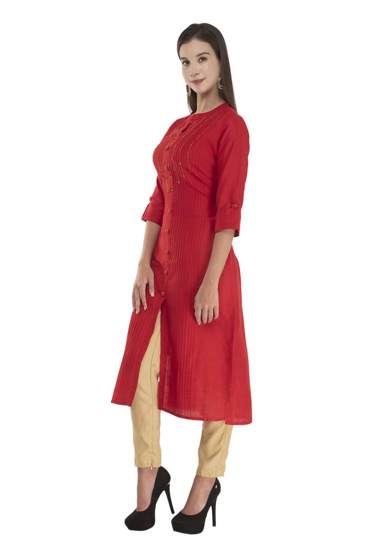 Womens Embroidered Straight Polly Silk Kurta