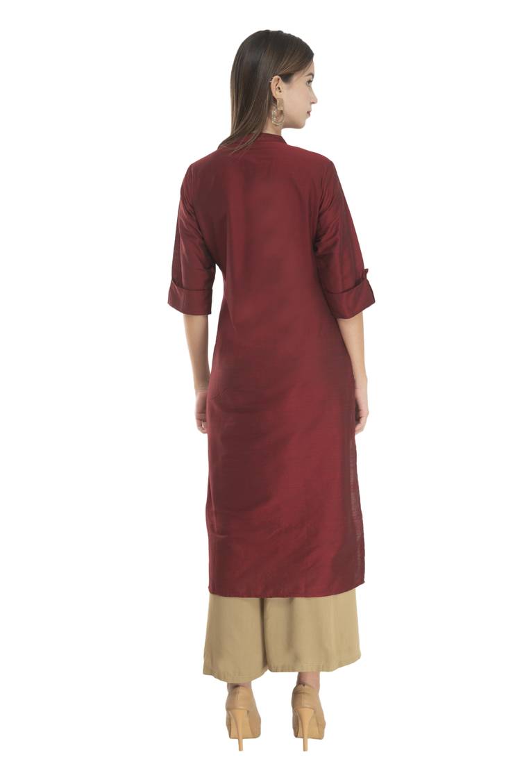 Womens Embroidered Straight Polly Silk Kurta