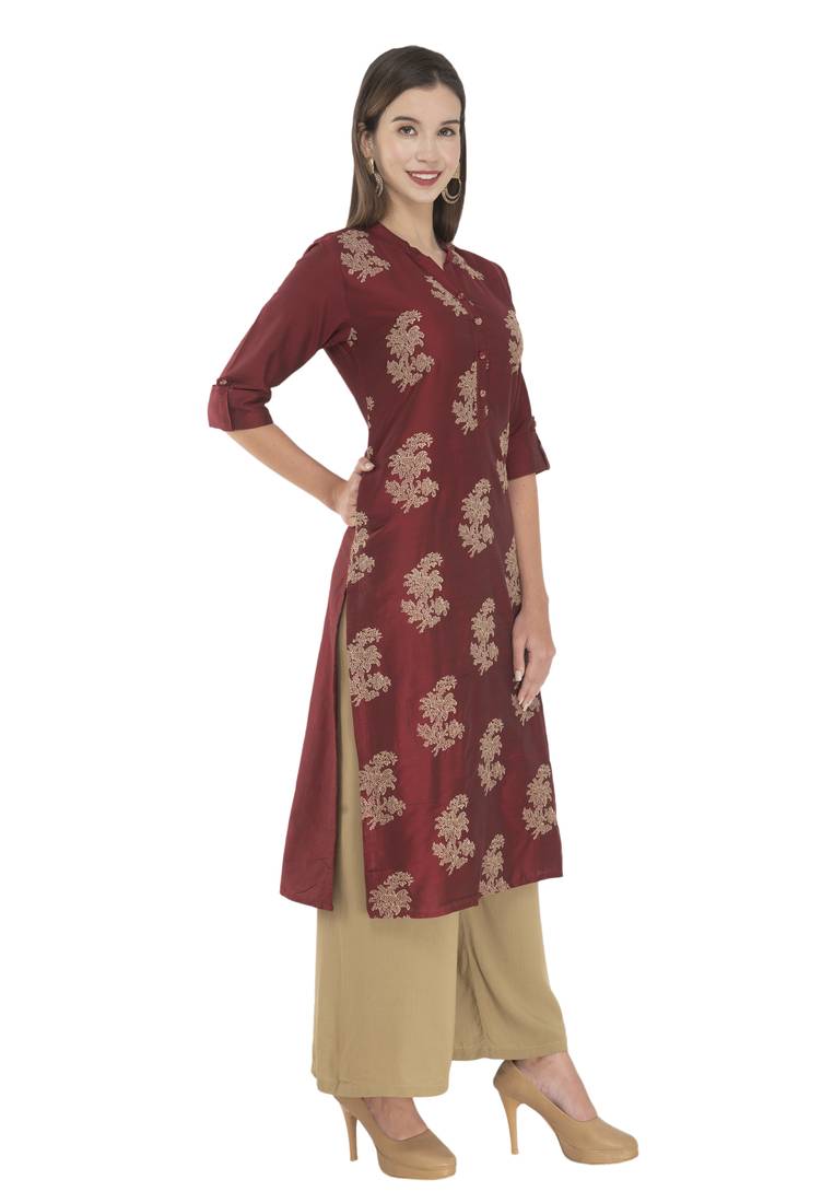 Womens Embroidered Straight Polly Silk Kurta