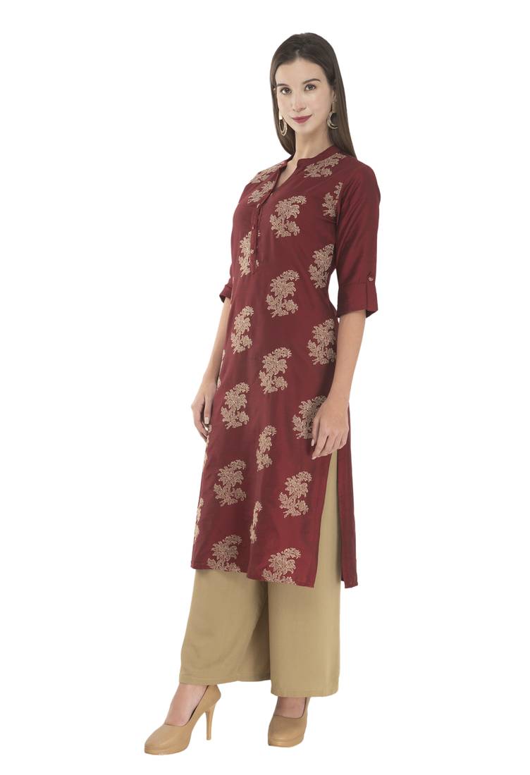 Womens Embroidered Straight Polly Silk Kurta