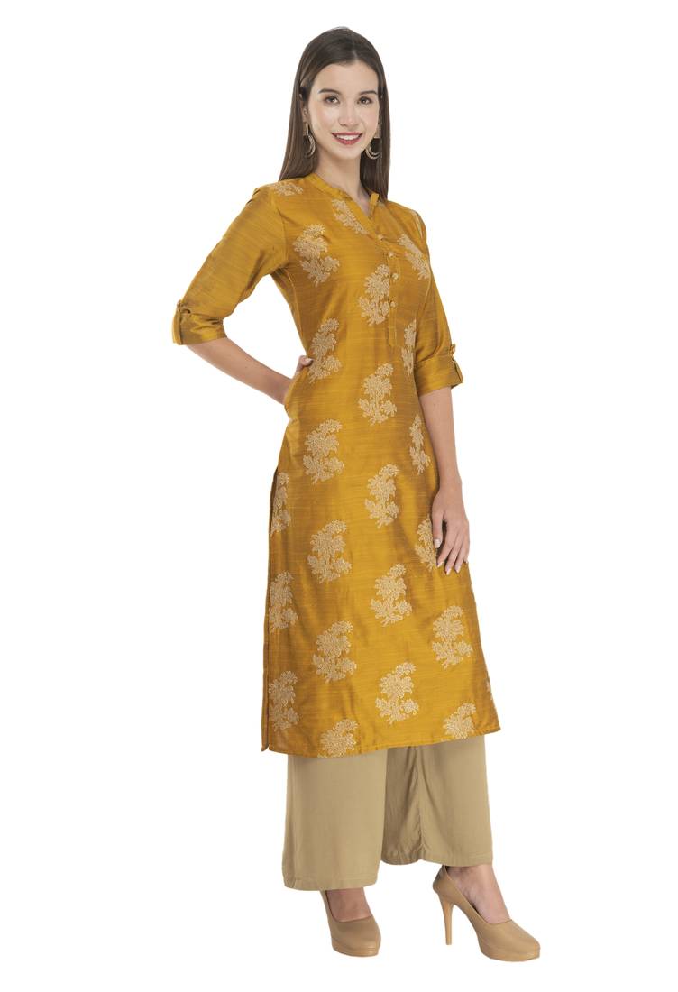 Womens Embroidered Straight Polly Silk Kurta