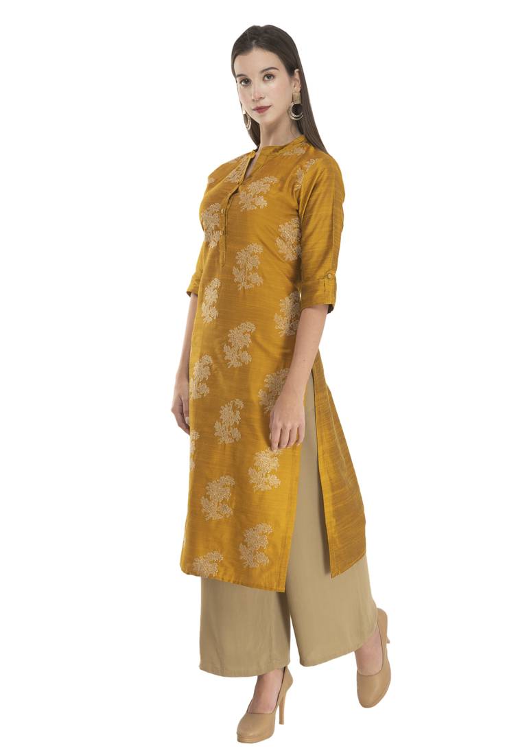 Womens Embroidered Straight Polly Silk Kurta