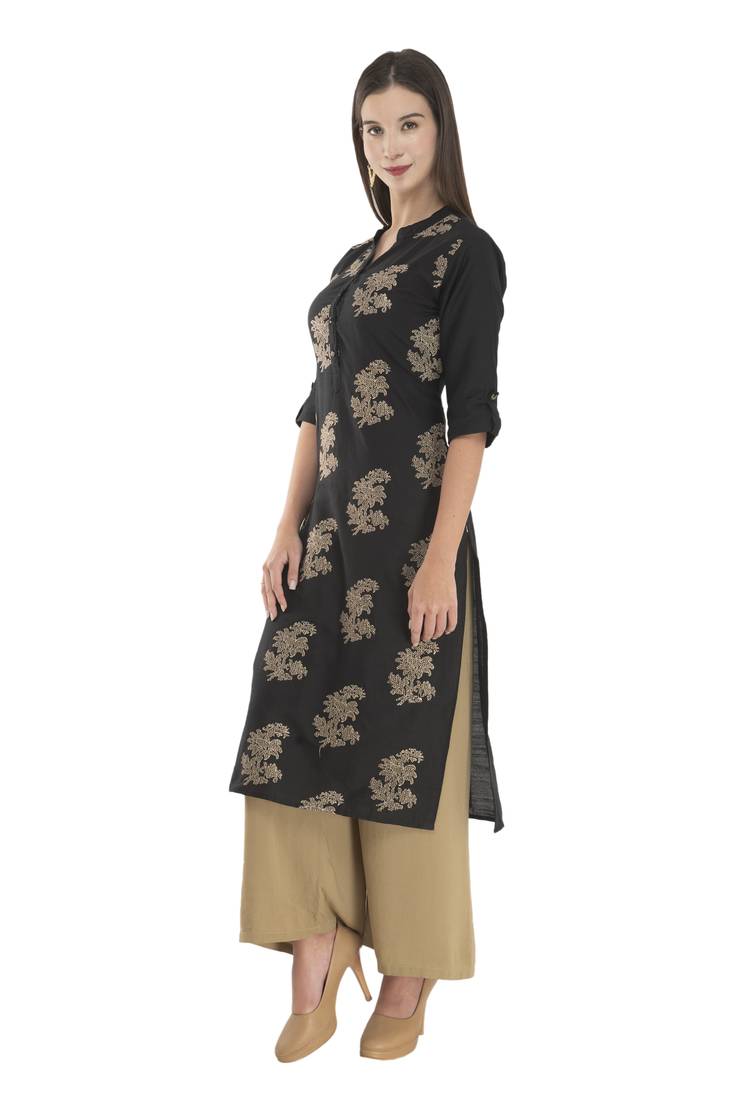 Womens Embroidered Straight Polly Silk Kurta