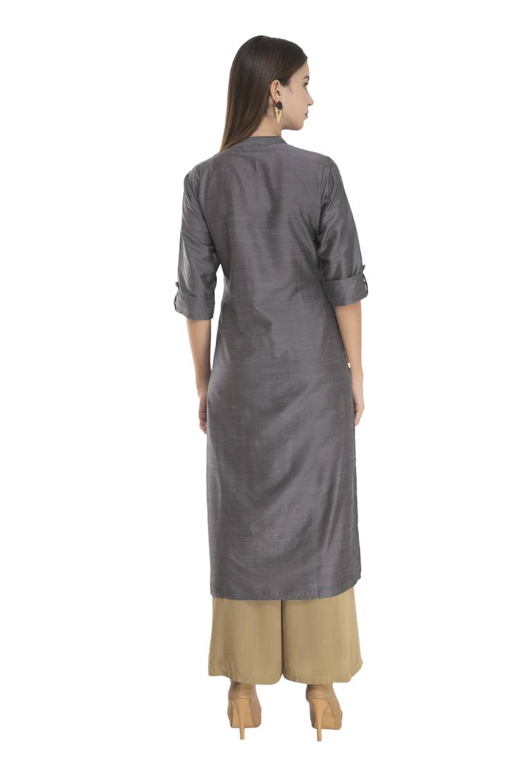 Womens Embroidered Straight Polly Silk Kurta