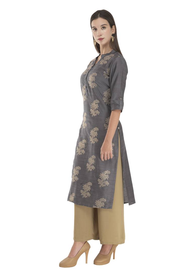 Womens Embroidered Straight Polly Silk Kurta