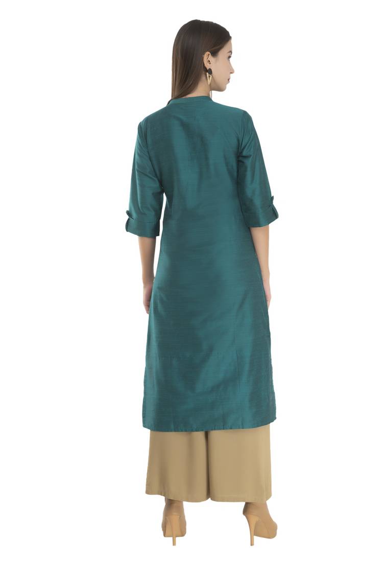 Womens Embroidered Straight Polly Silk Kurta