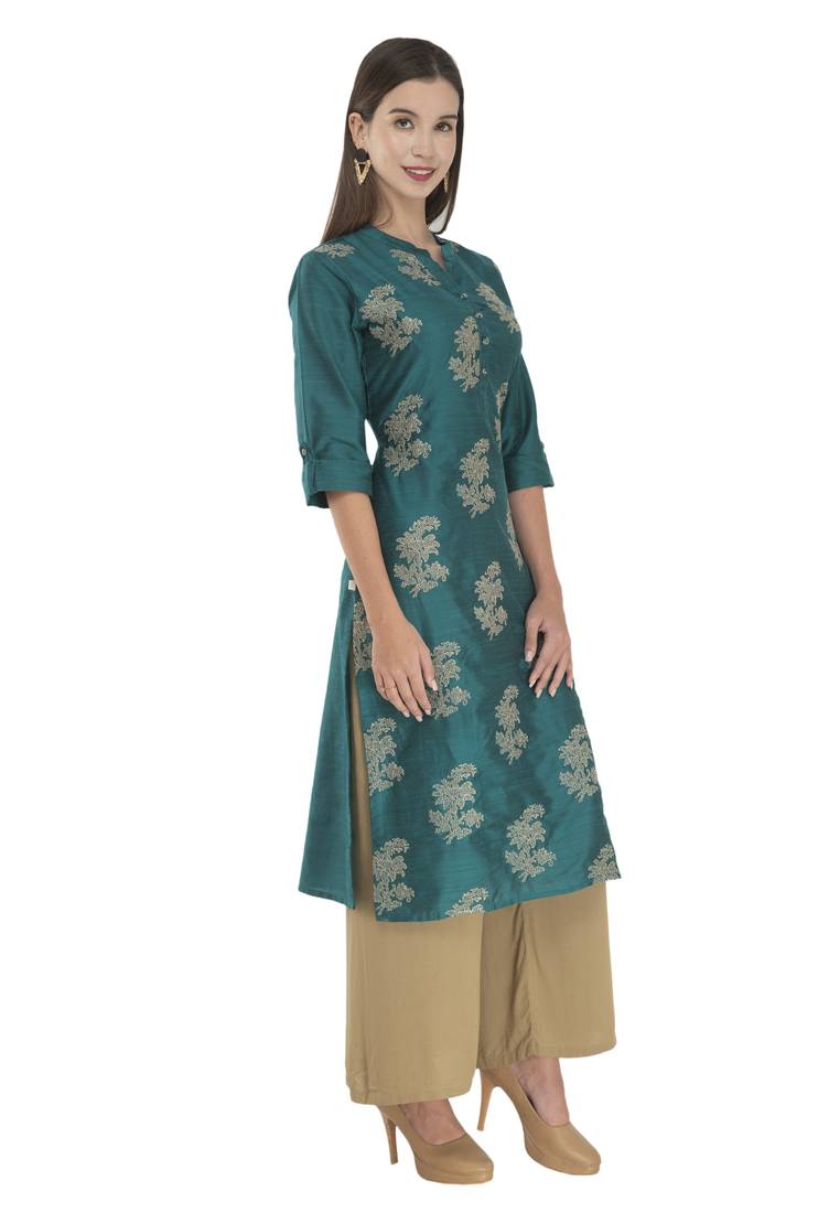Womens Embroidered Straight Polly Silk Kurta