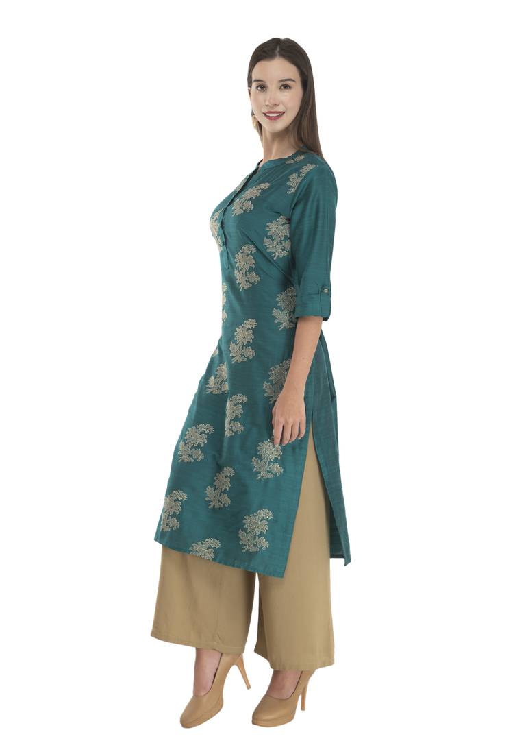 Womens Embroidered Straight Polly Silk Kurta