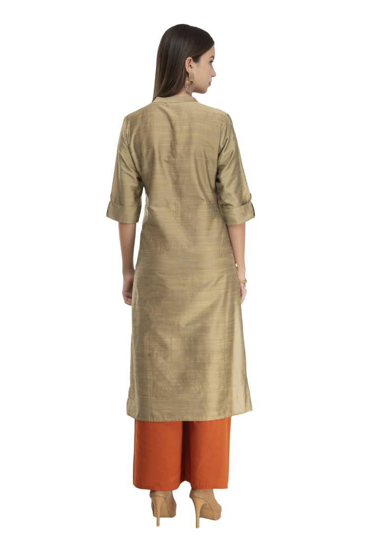 Womens Embroidered Straight Polly Silk Kurta