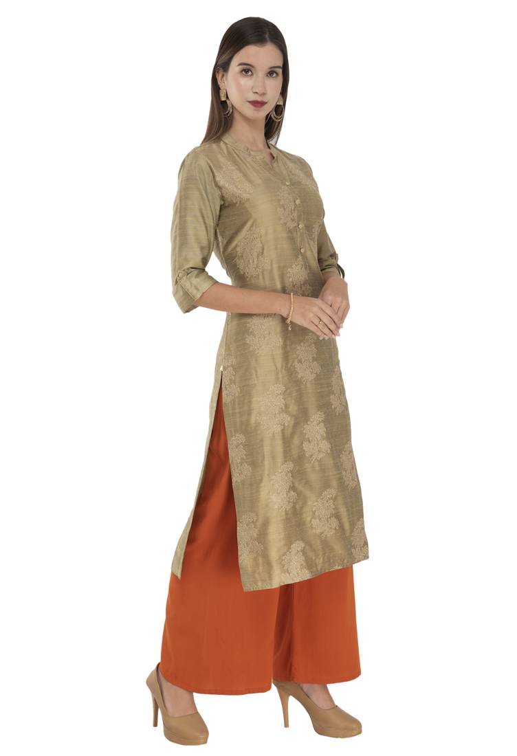 Womens Embroidered Straight Polly Silk Kurta