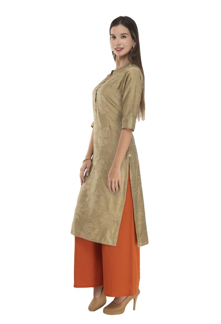 Womens Embroidered Straight Polly Silk Kurta