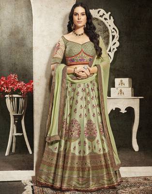 Olive floral print silk unstitched lehenga 1