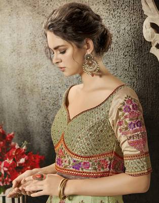 Olive floral print silk unstitched lehenga 3