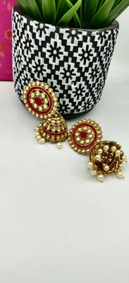 Red Dome Shaped Stone Studded Enamelled Jhumkas 3