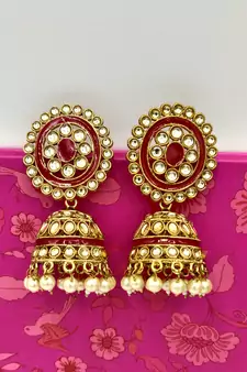 Red Dome Shaped Stone Studded Enamelled Jhumkas