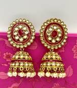 Red Dome Shaped Stone Studded Enamelled Jhumkas