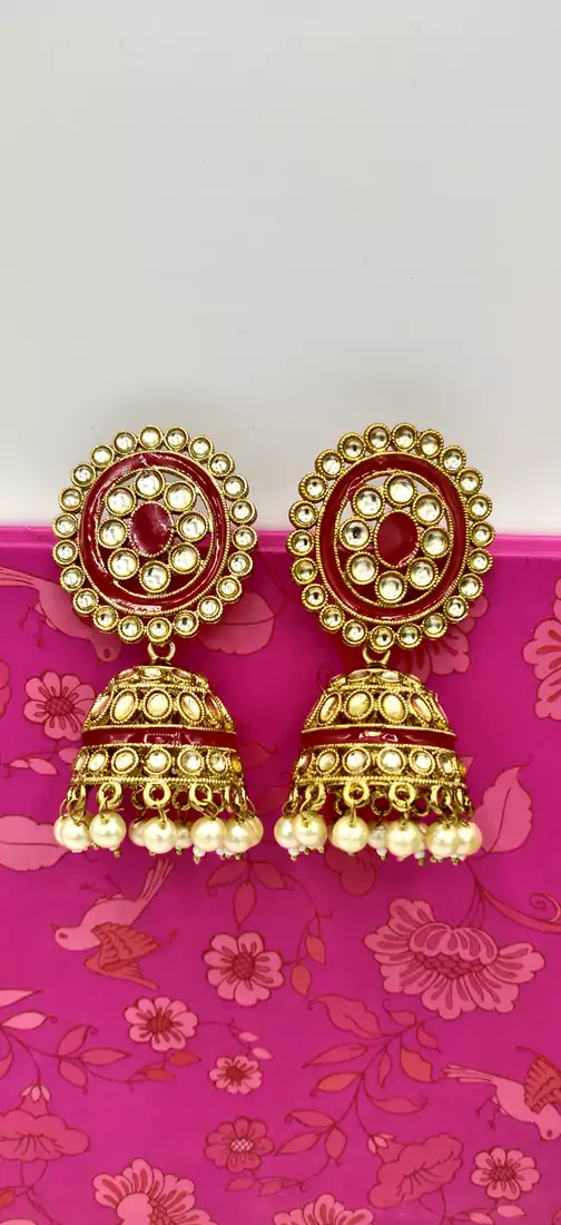 Red Dome Shaped Stone Studded Enamelled Jhumkas